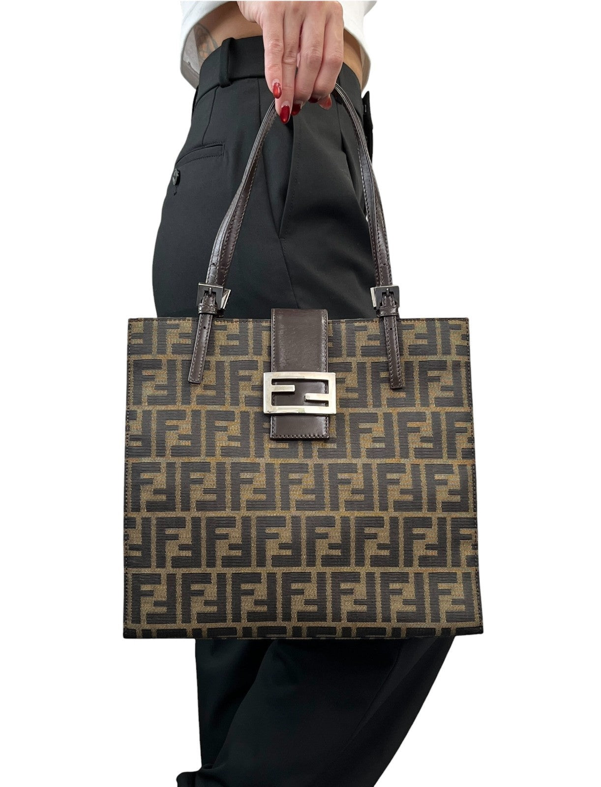 Fendi Vintage Zucca Canvas Tote Shoulder Bag Brown FF Logo Monogram Leather