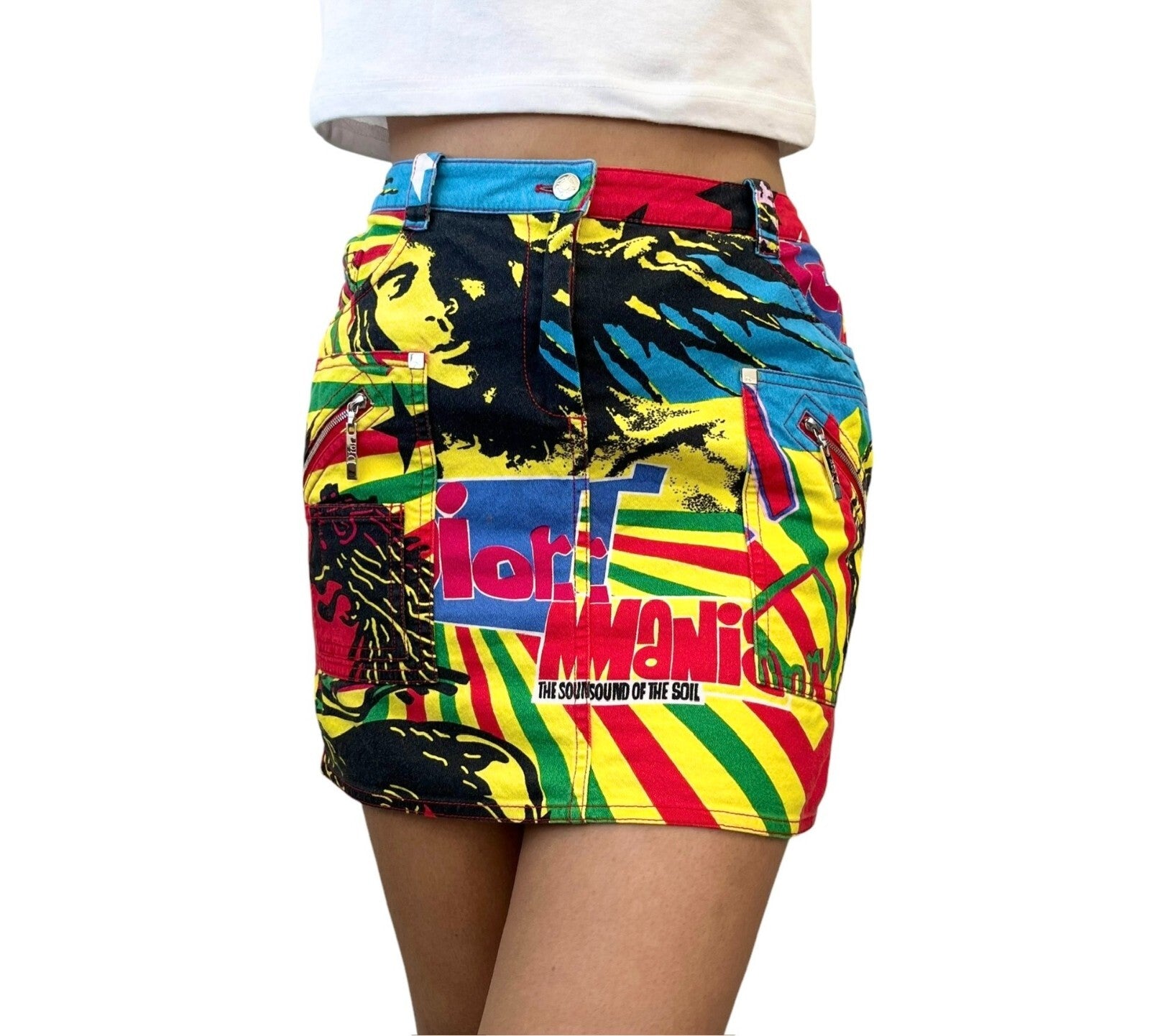 Christian Dior Vintage 2004 Rasta Mania Mini Skirt #34 Cotton Multicolor Zip