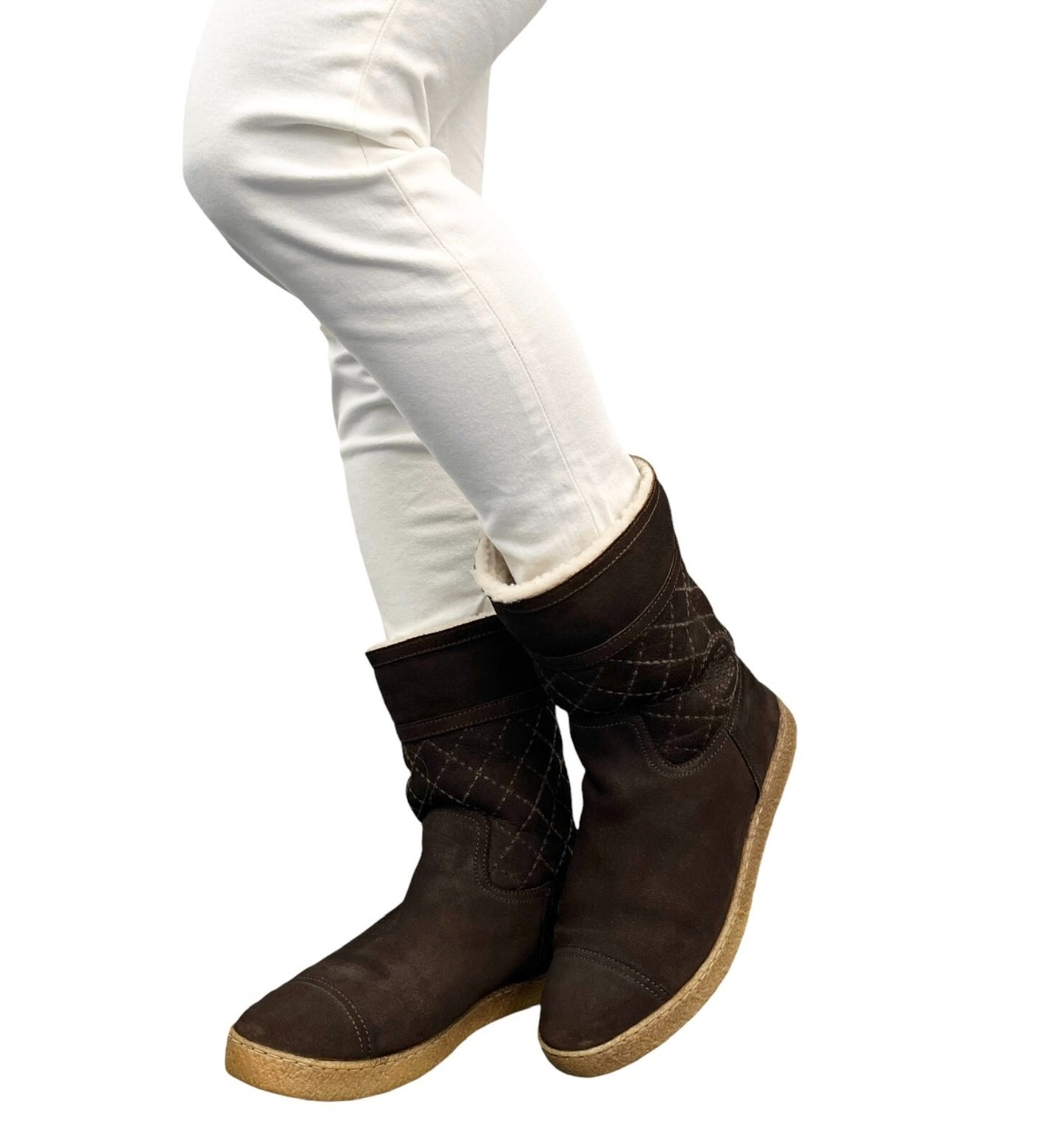 CHANEL Vintage CC Mark Logo Mid Calf Boots #39.5 Stitch Dark Brown Cream Suede