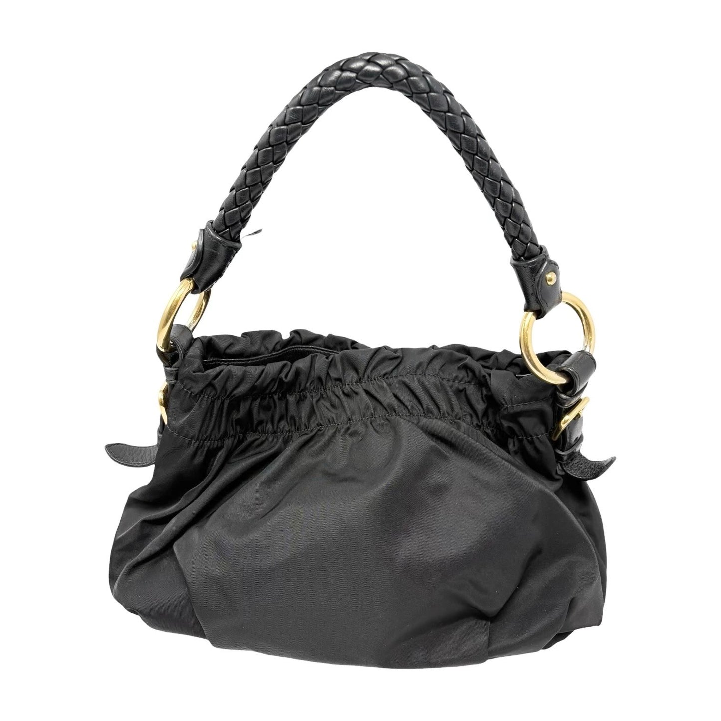 PRADA Vintage Logo Tessuto Nylon Shoulder Bag Black Gold Ribbon Leather