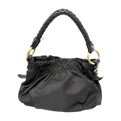 PRADA Vintage Logo Tessuto Nylon Shoulder Bag Black Gold Ribbon Leather