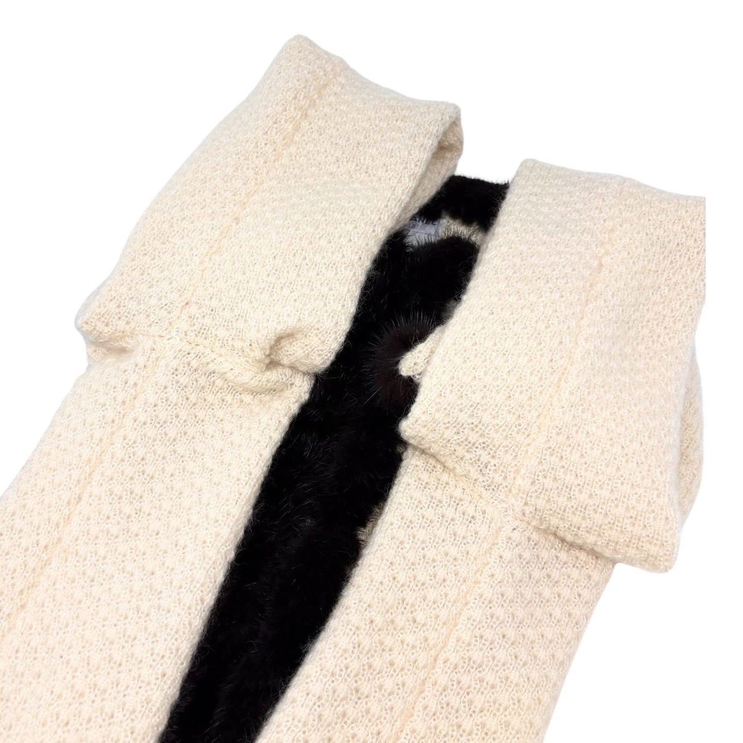 CHANEL Vintage 03A CC Logo Fur Trim Knit Cardigan #42 Cream Brown Mohair 901978