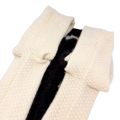 CHANEL Vintage 03A CC Logo Fur Trim Knit Cardigan #42 Cream Brown Mohair 901978