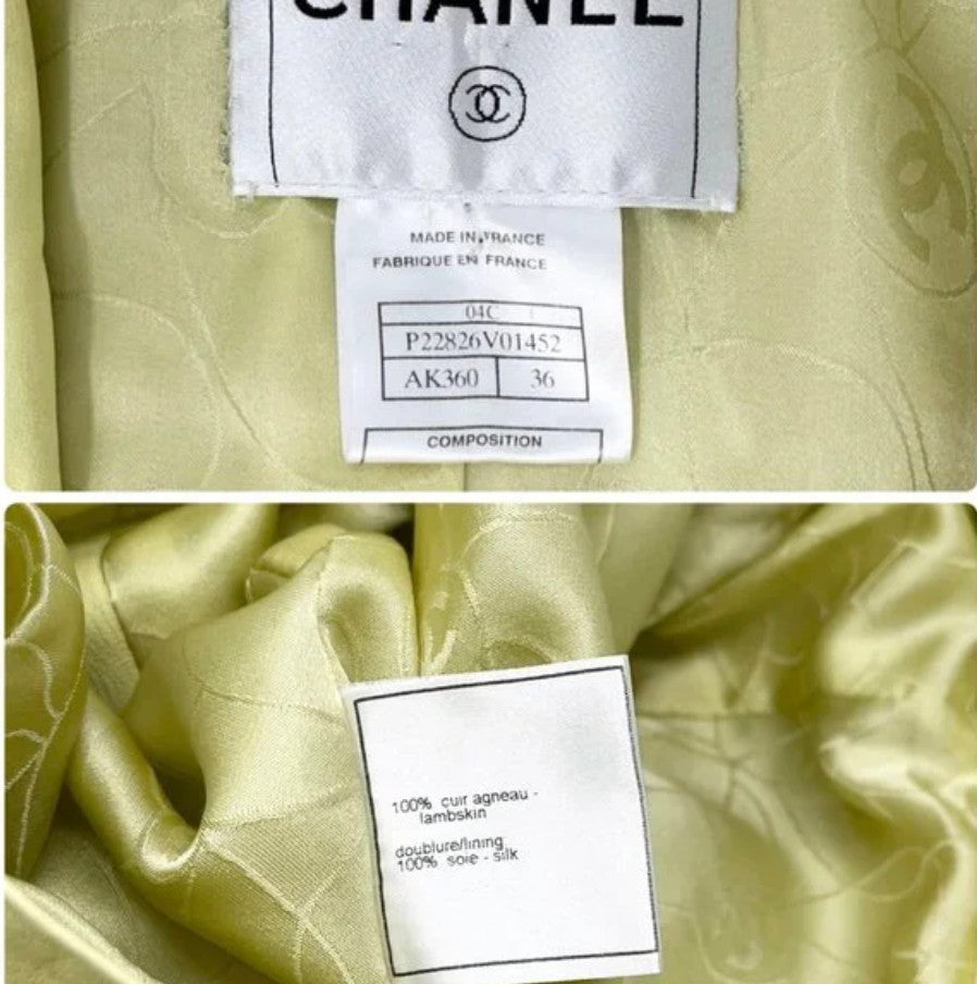 CHANEL Vintage 04C CC Mark Button Leather Jacket #36 Lambskin Lime Yellow