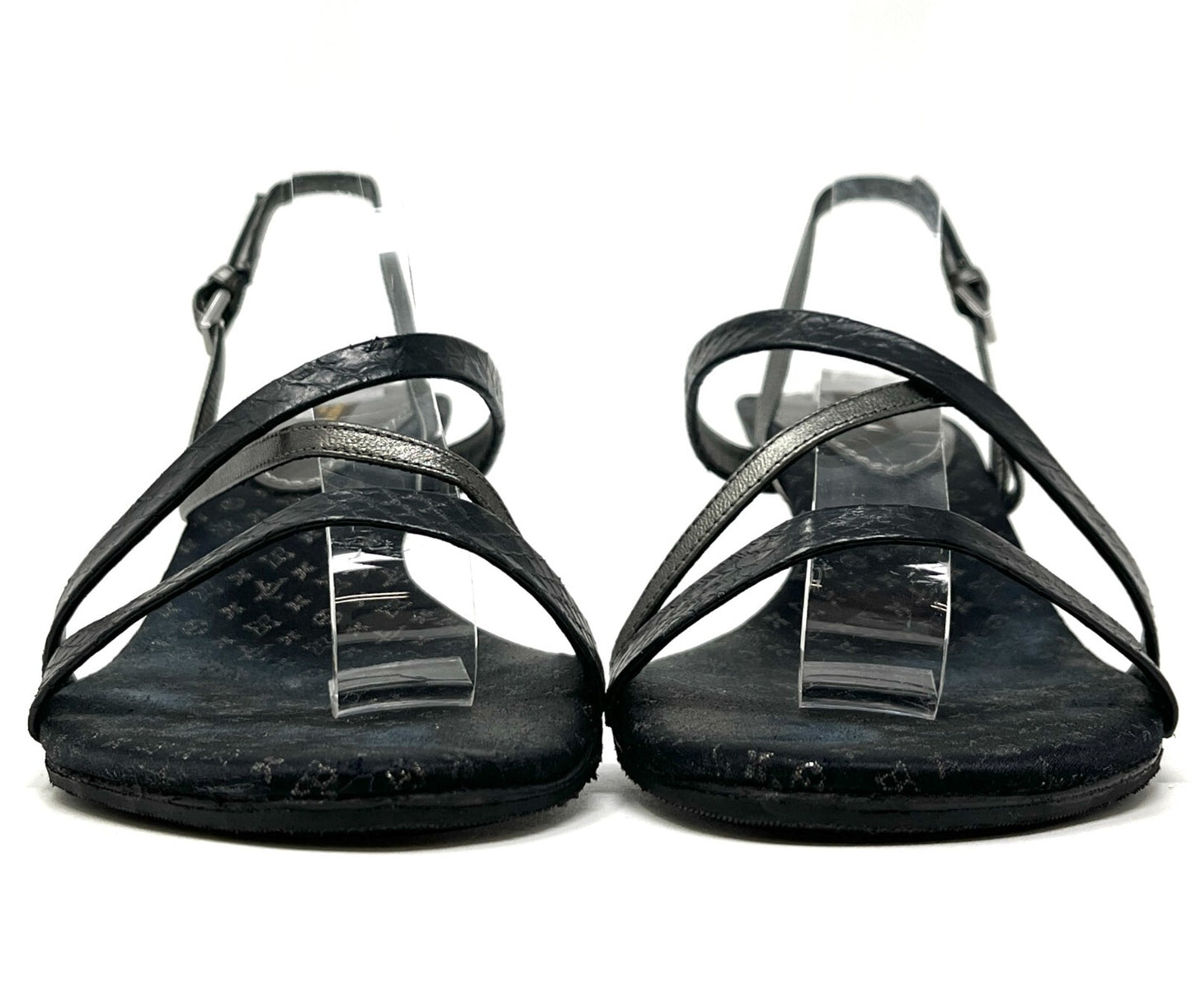 LOUIS VUITTON Monogram Logo Sandals Heels #37 US6.5 Slingback Black Satin RankAB