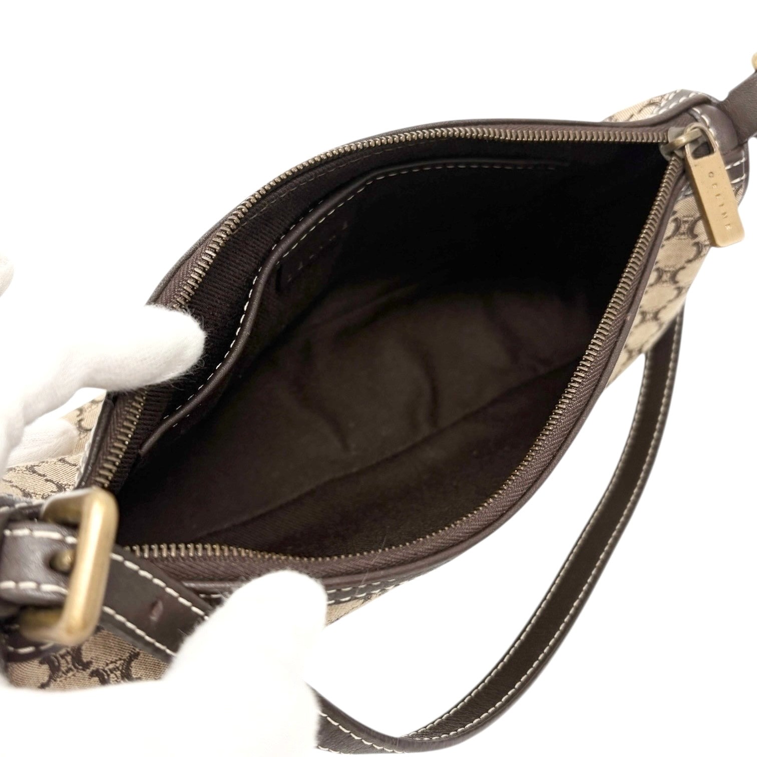 CELINE Vintage Macadam Monogram Shoulder Mini Bag Pochette Brown Canvas Leather