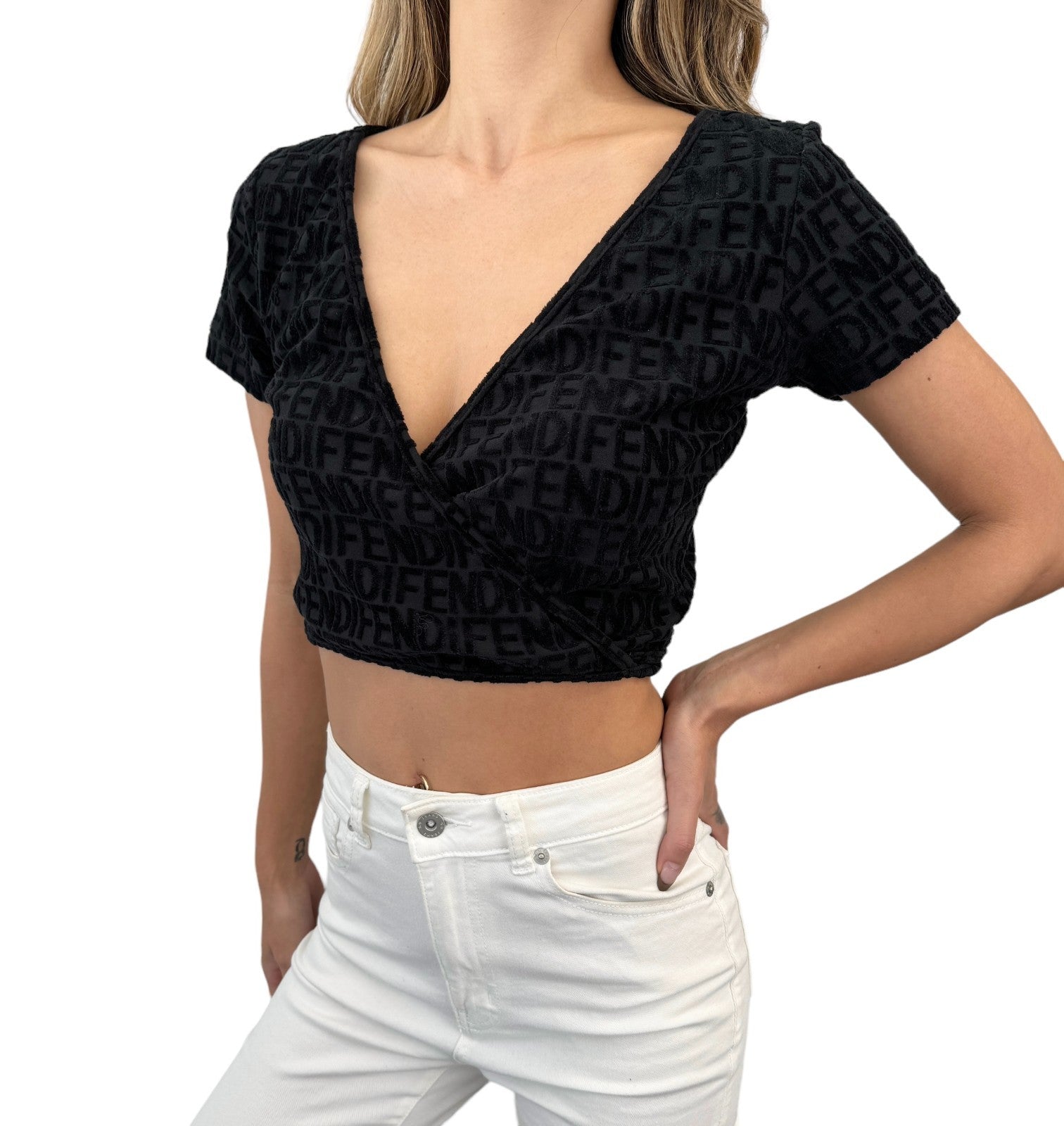 FENDI Vintage Logo Monogram Cropped Wrap Top #42 Black Terry Cloth Tie Cotton