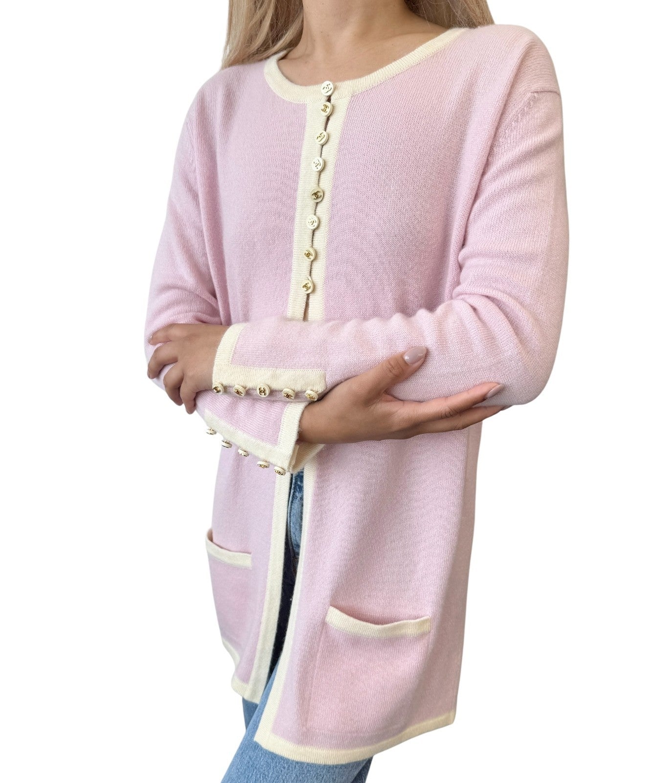 CHANEL Vintage 96C Long Cardigan #42 Knit Sweater Button Pink Cream Cashmere