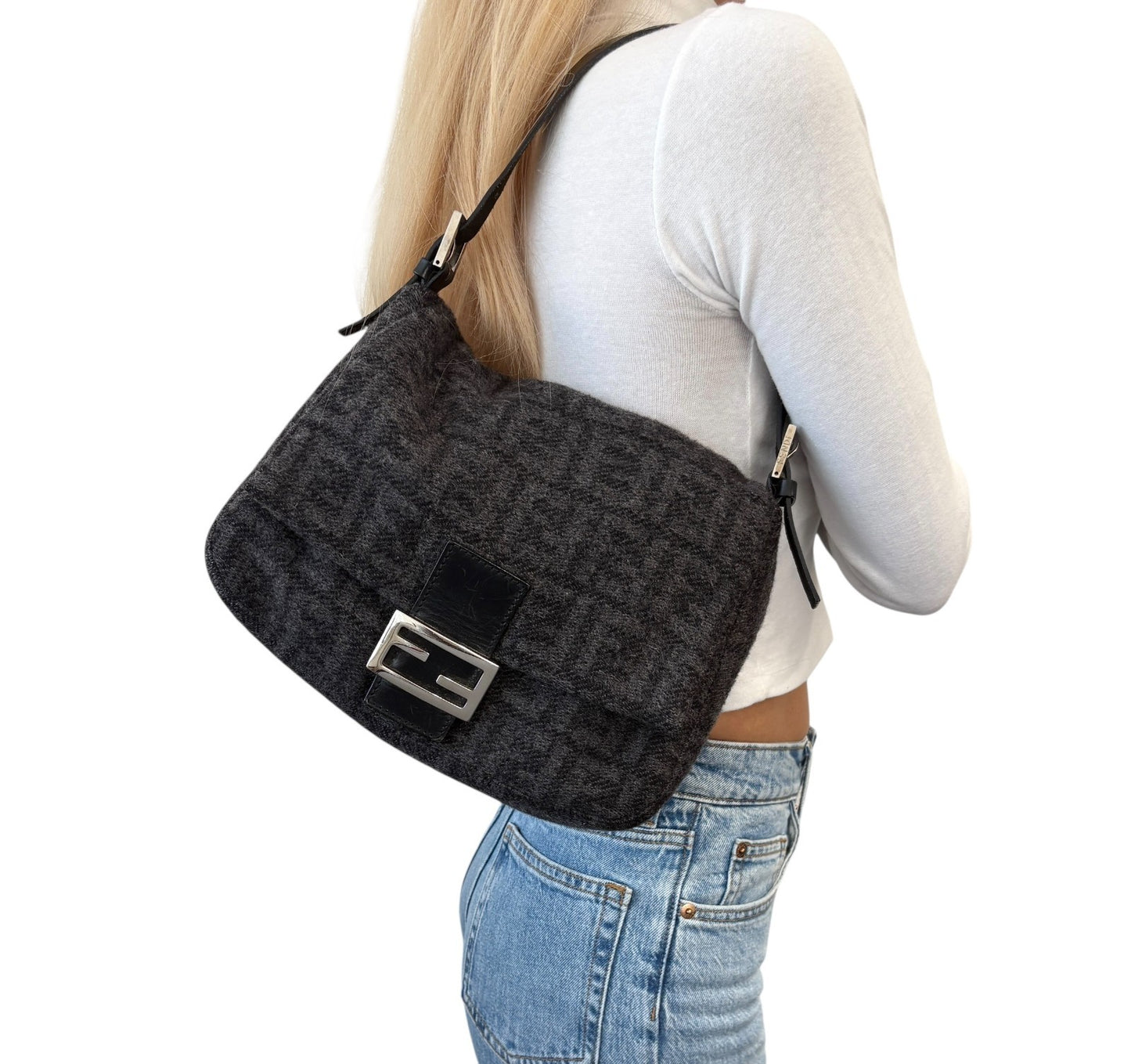 FENDI Vintage Zucca FF Logo Mamma Baguette Shoulder Bag Gray Black Wool