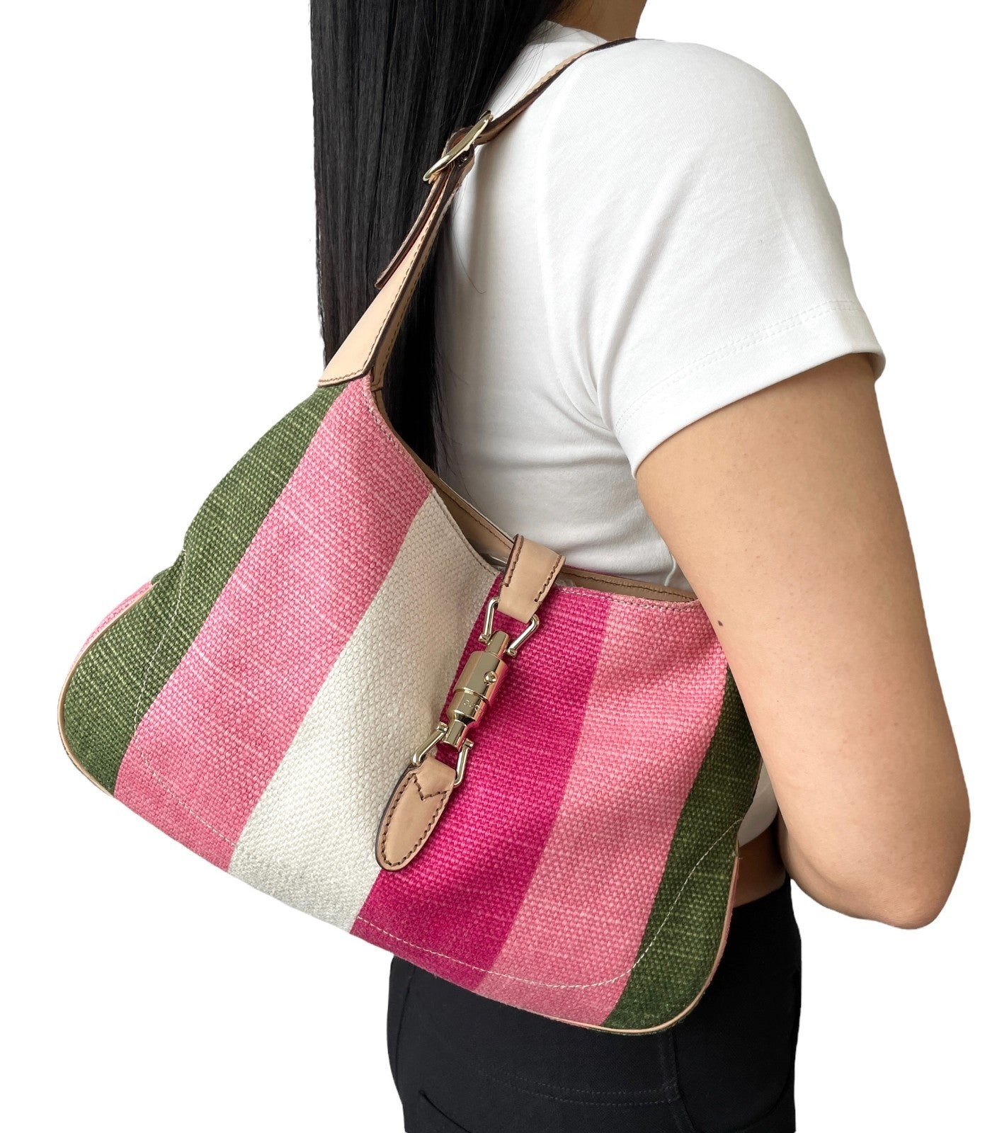 GUCCI Vintage Jackie Stripe Multicolor Shoulder Hobo Bag Handbag Beige Canvas