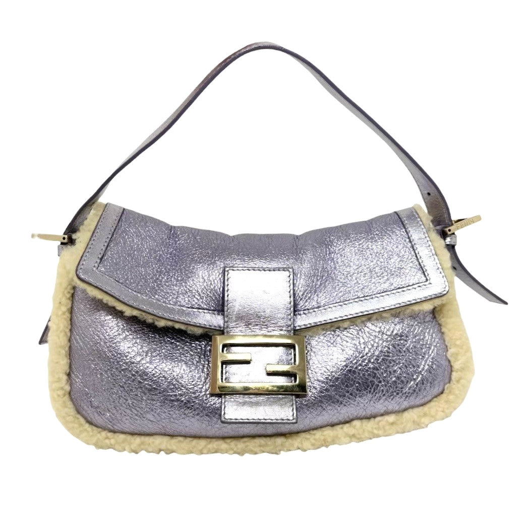FENDI Vintage Mamma Baguette Metallic Shearling Shoulder Bag Purple 902830
