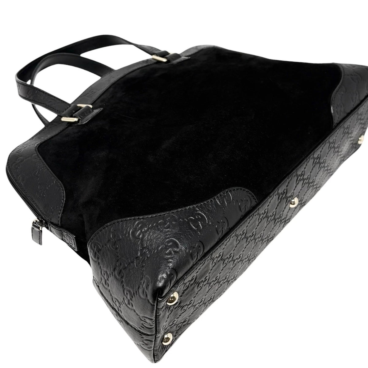 GUCCI Vintage GG Monogram Shoulder Top Handle Bag Black Gold Suede 902331