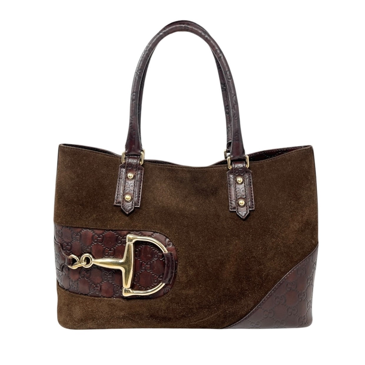 GUCCI Vintage GG Monogram Horsebit Suede Shoulder Bag Tote Brown Gold Leather