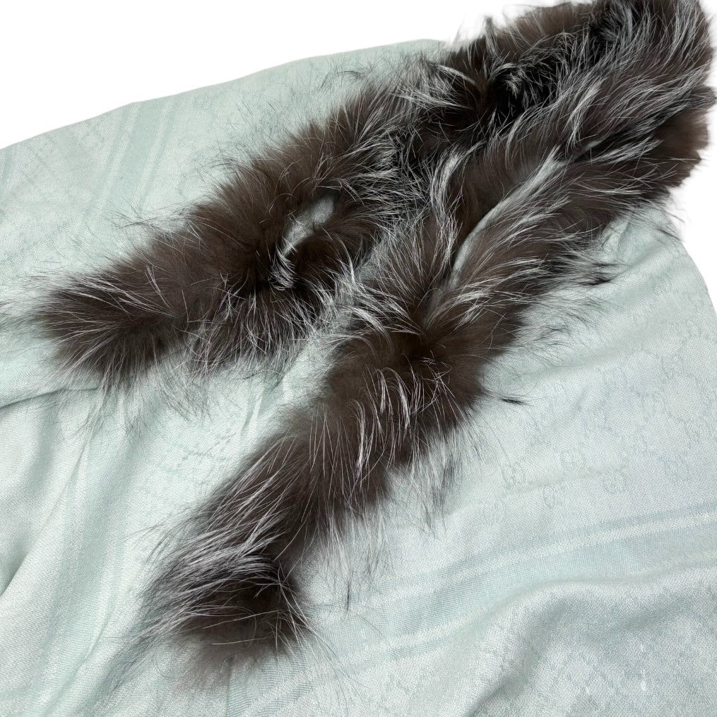 GUCCI Vintage GG Logo Monogram Fox Fur Scarf Shawl Wrap Mint Green 902473
