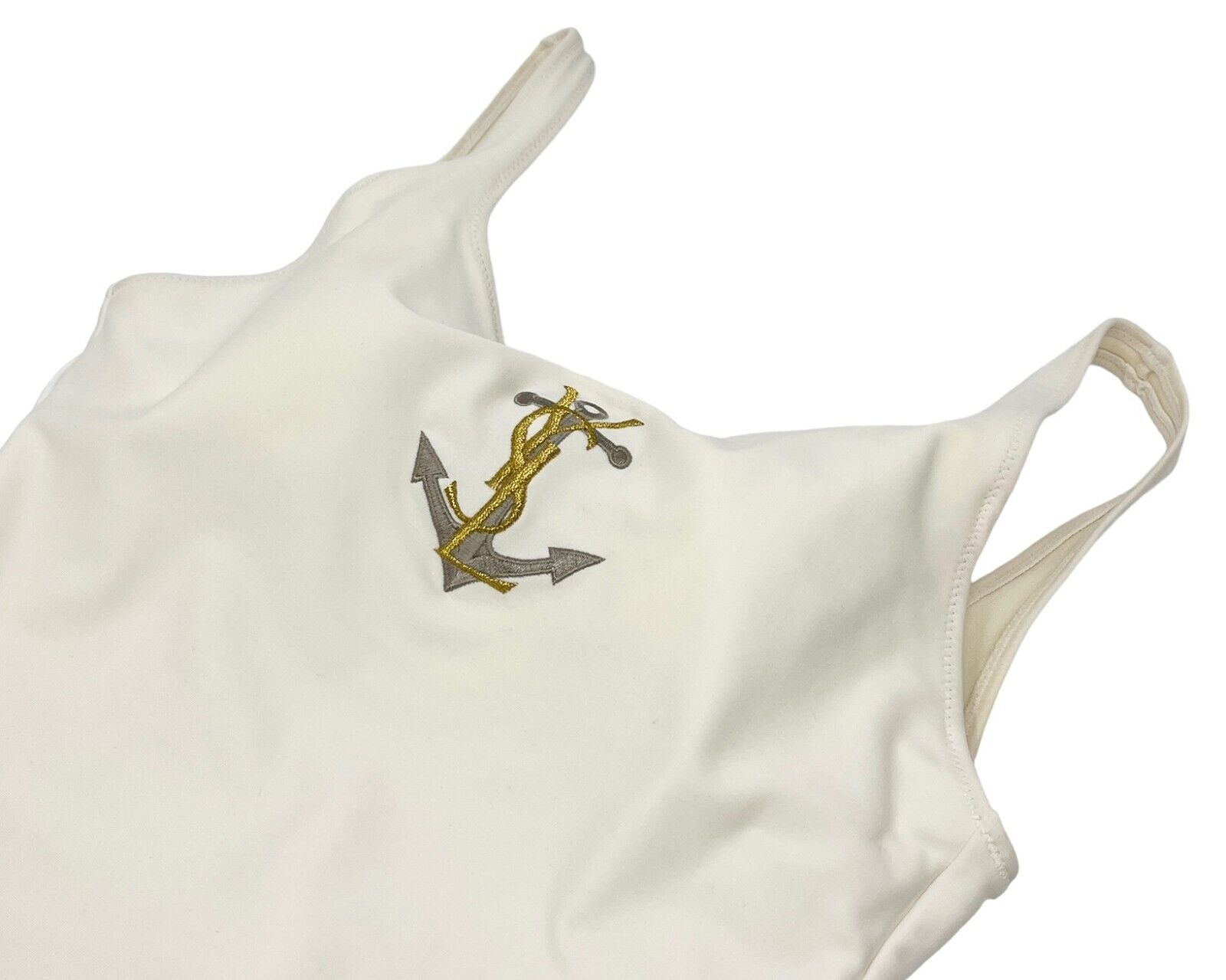 Yves Saint Laurent Vintage YSL Logo Swimwear Swimsuits #9M Nylon White RankAB