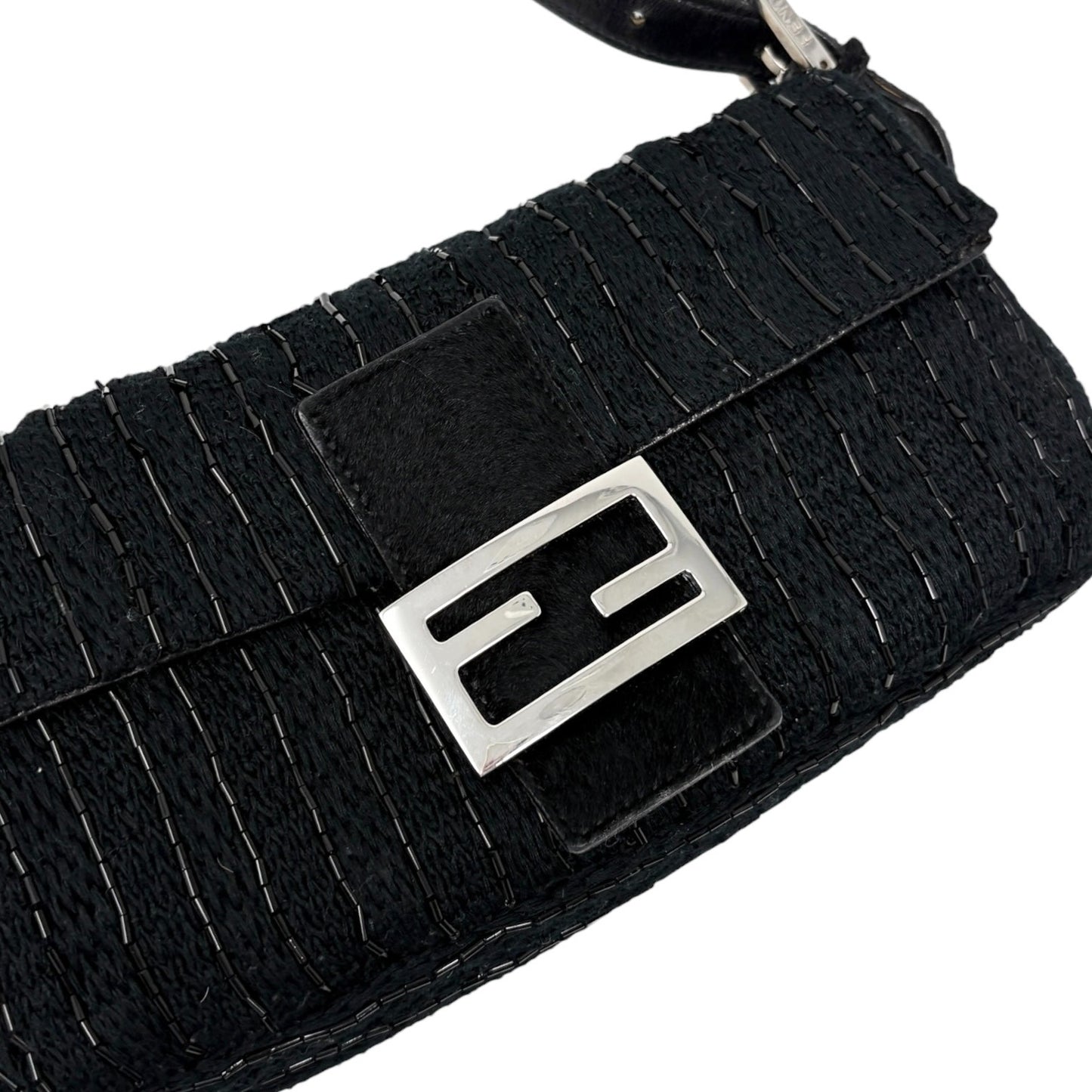 FENDI Vintage FF Logo Beads Knit Mamma Baguette Shoulder Bag Black 901891