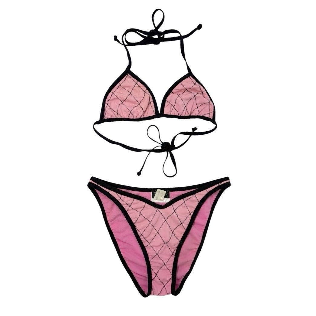 CHANEL Vintage 95P Matelasse Swimwear Bikini Set #36 Pink Black Nylon