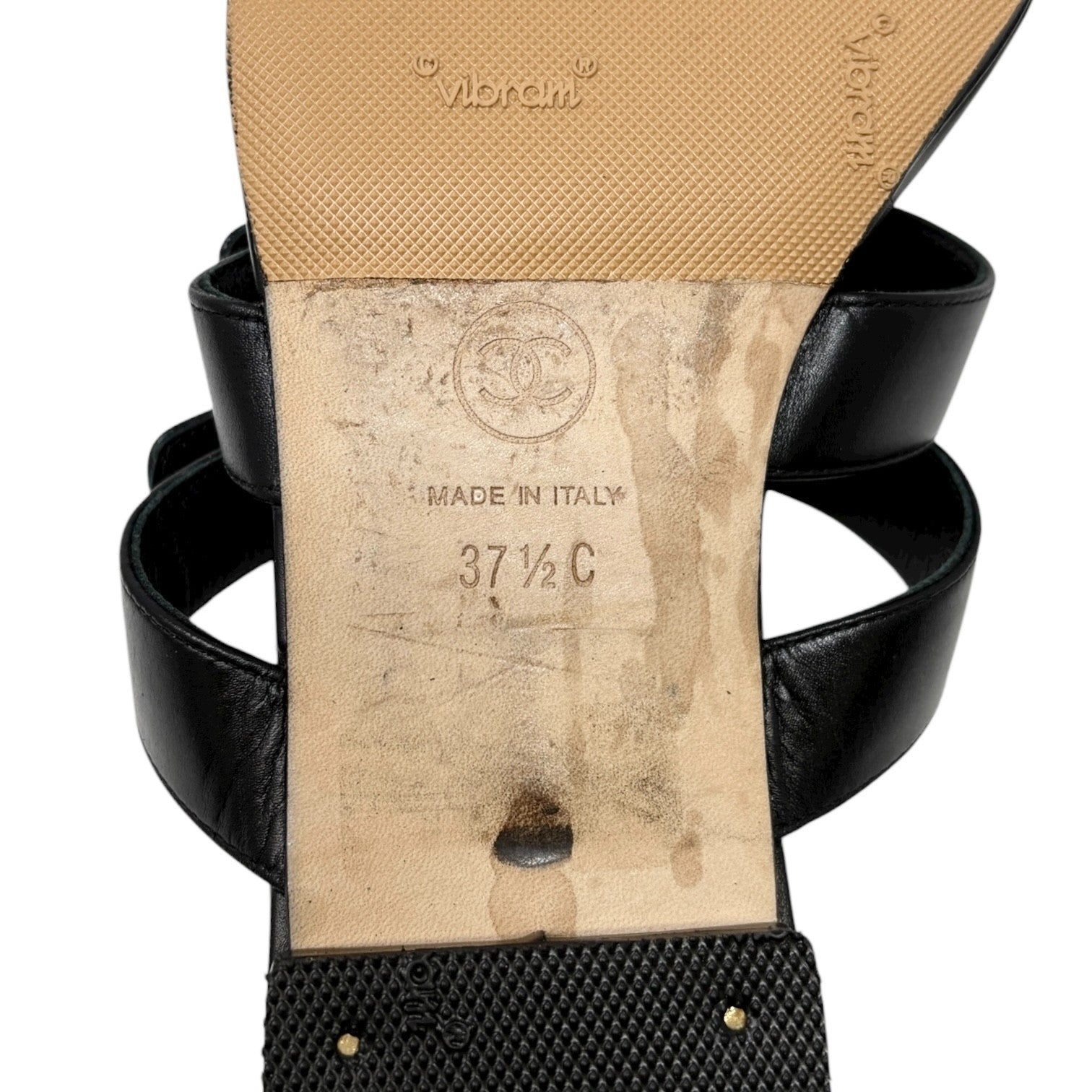 CHANEL Vintage CC Mark Logo Turnlock Flat Thong Sandals #37.5 Black Leather