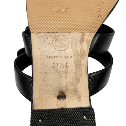 CHANEL Vintage CC Mark Logo Turnlock Flat Thong Sandals #37.5 Black Leather