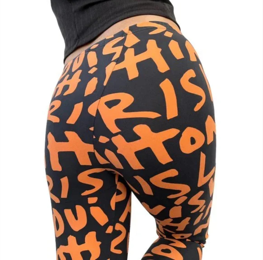 LOUIS VUITTON Vintage Graffiti Leggings #34 Pants Black Orange Nylon