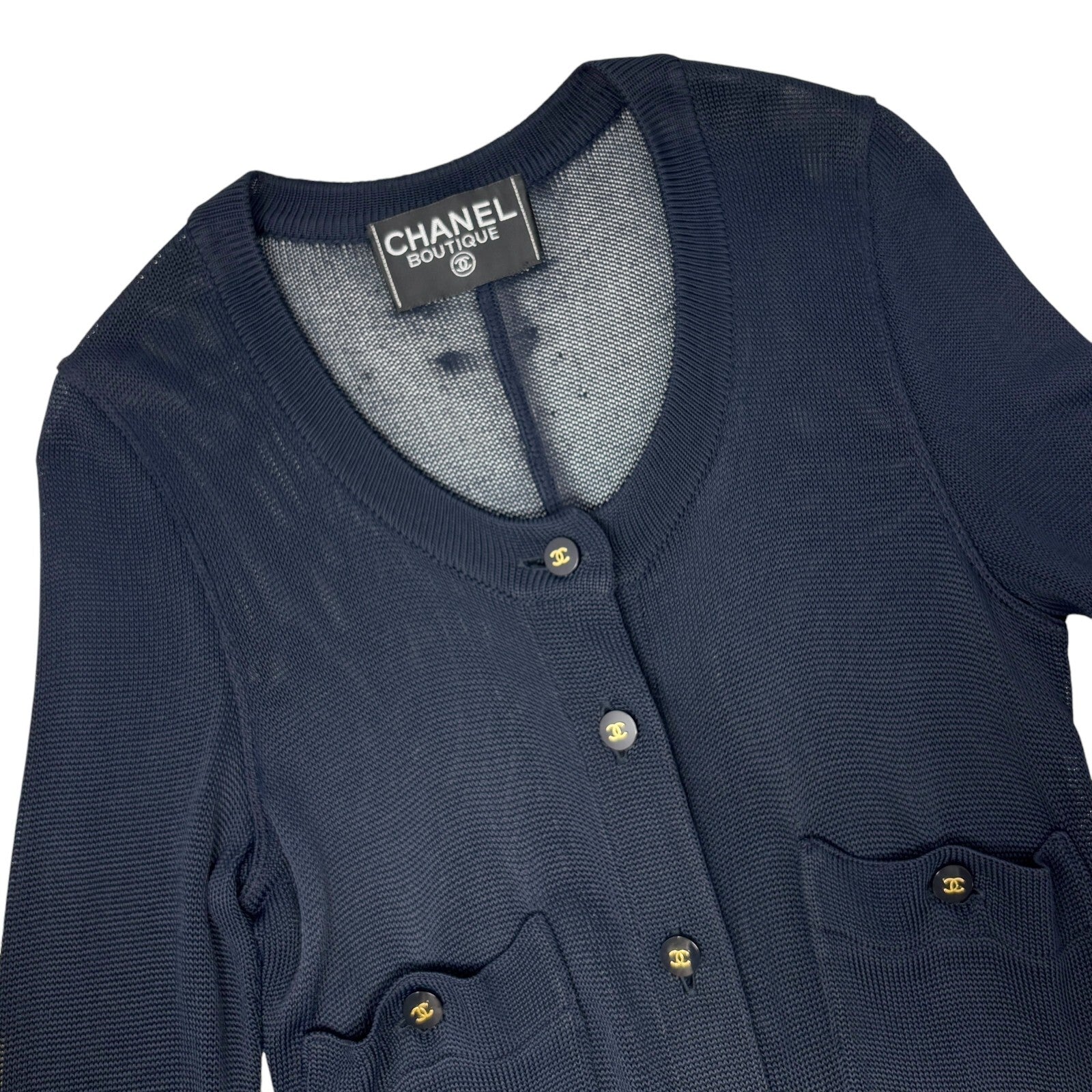 CHANEL Vintage CC Logo Knit Cardigan Long Sleeve Dark Blue Pocket Button