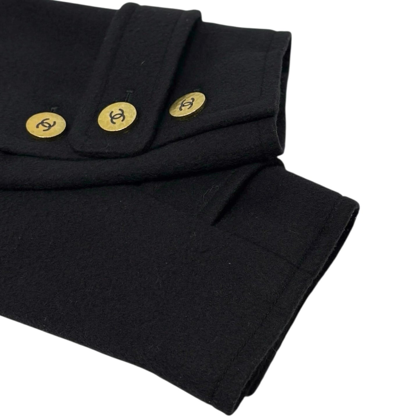 CHANEL Vintage CC Logo Button Cashmere Coat Jacket Belt Black Gold
