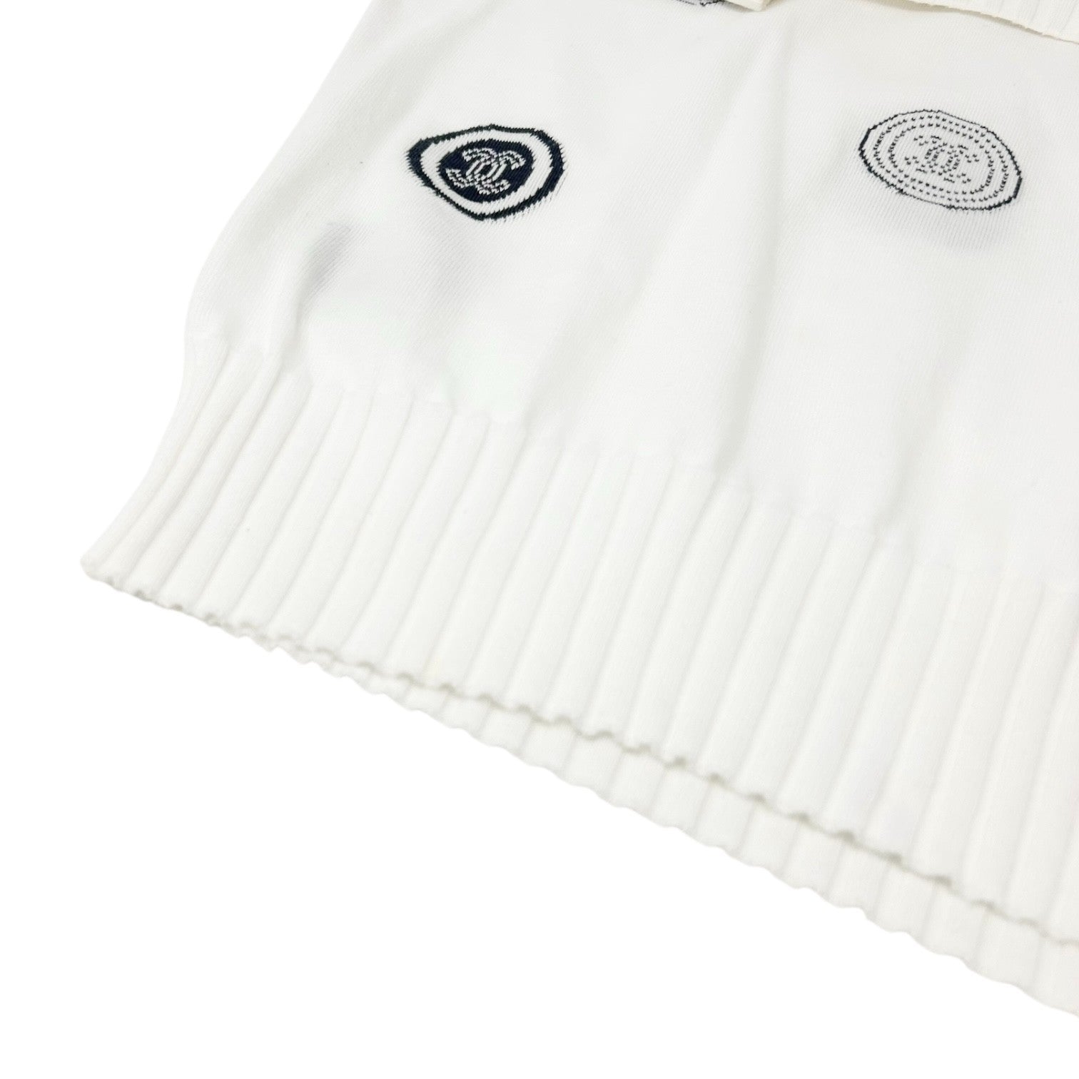 CHANEL Vintage 01P CC Logo T-shirt Top #34 White Blue Cotton Rib short sleeve