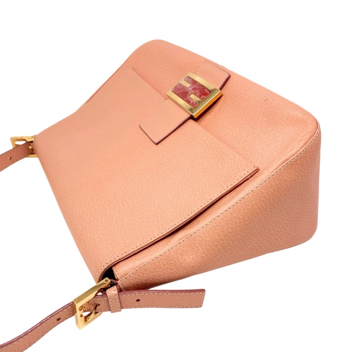 FENDI Vintage FF Logo Mamma Baguette Shoulder Bag Handbag Salmon Pink Leather