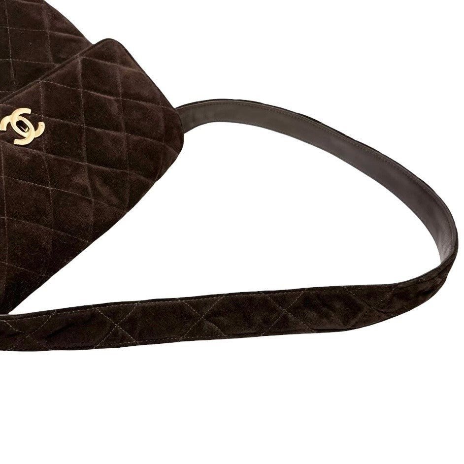 CHANEL Vintage CC Logo Turnlock Quilted Shoulder Bag Brown Gold Suede 901892