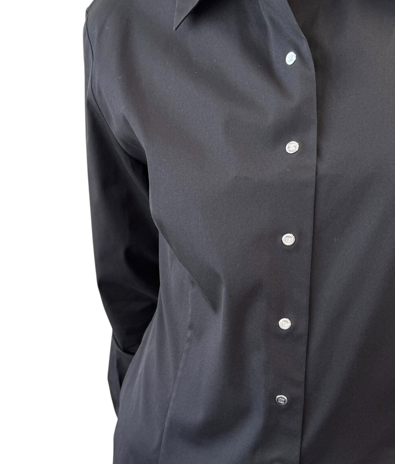 CELINE Vintage Logo Button Up Shirt #40 Blouse Top Black Silver Cotton