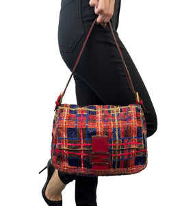 FENDI Vintage FF Logo Beads Mamma Baguette Shoulder Bag Plaid Red Blue Leather