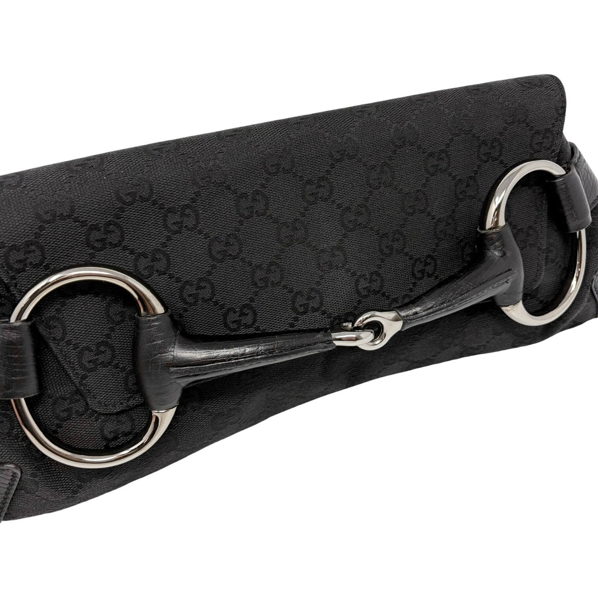 GUCCI Vintage Horsebit GG Monogram Chain Shoulder Bag Black Silver 902485