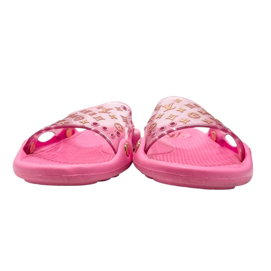 LOUIS VUITTON Vintage Lv Logo Monogram Beach Sandals #36-36.5 Pink Gold Rubber