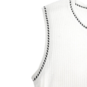CHANEL Vintage 96P CC Logo Knit Tank Top #40 White Black Cotton Stitch