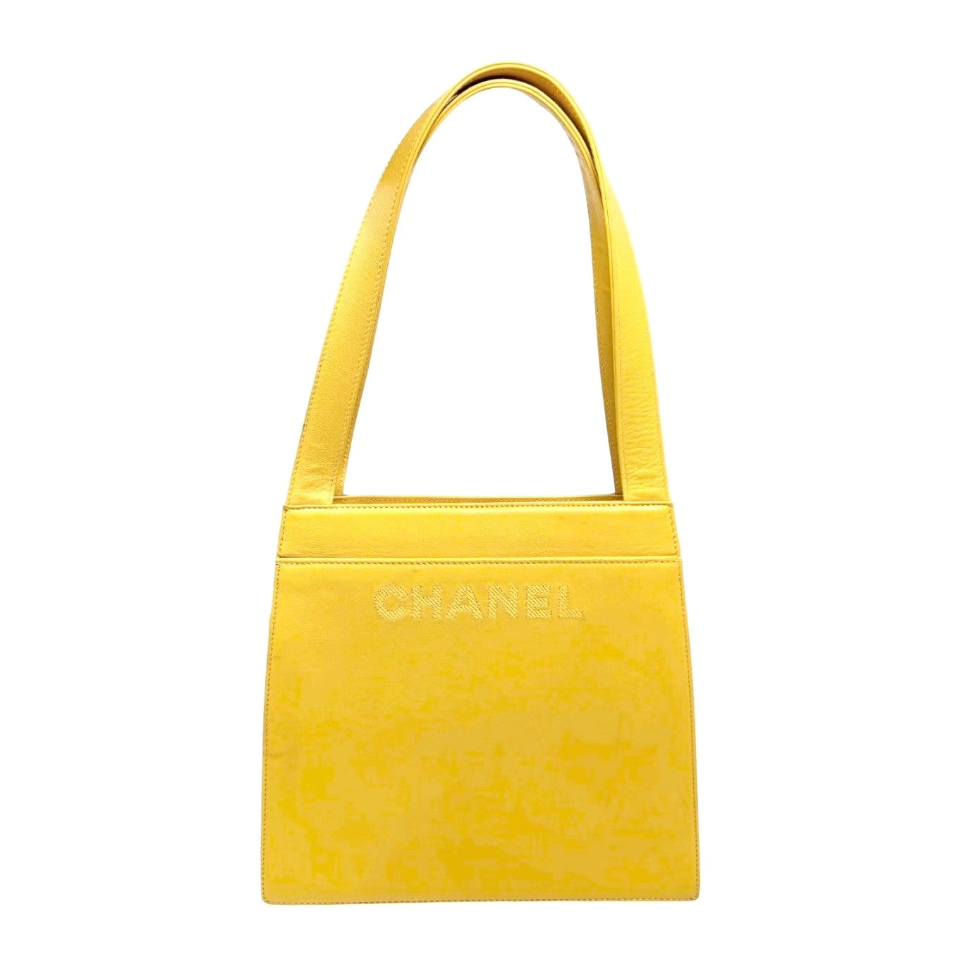 CHANEL Vintage Stitch CC Logo Tote Shoulder Bag Yellow Leather Zip 901884