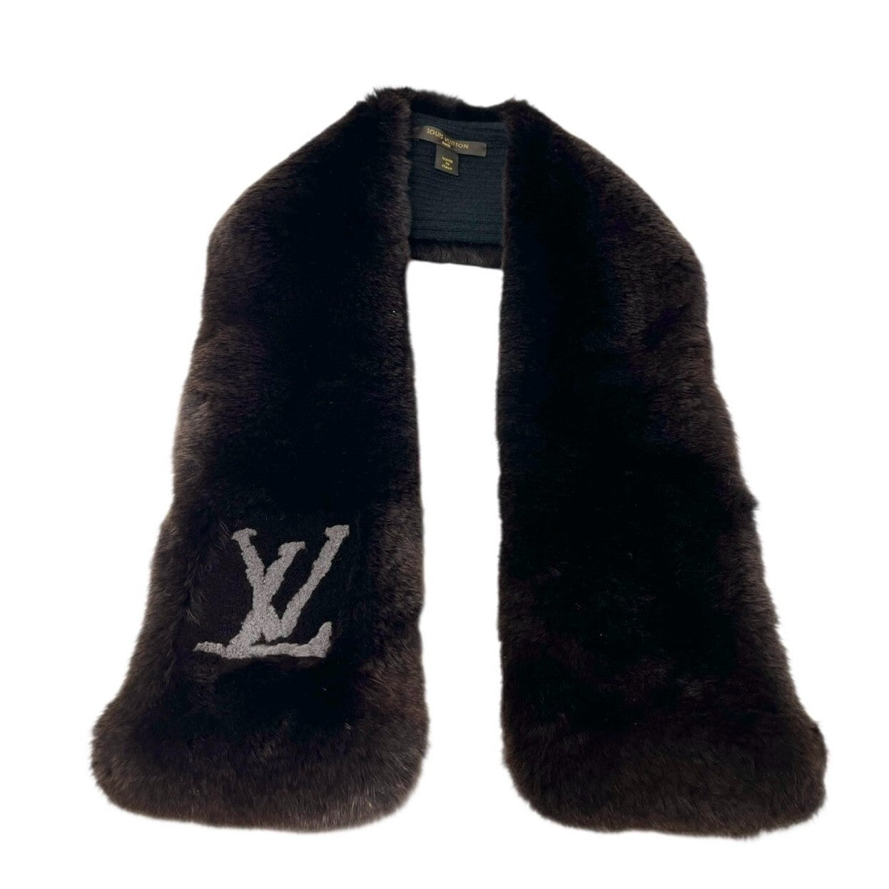LOUIS VUITTON Vintage LV Logo Muffler Scarf Brown Gray Rabbit Fur Wool