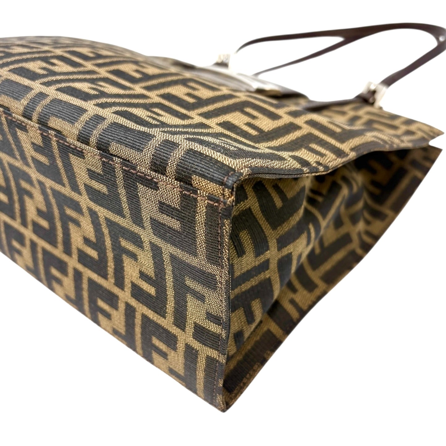 Fendi Vintage Zucca Canvas Tote Shoulder Bag Brown FF Logo Monogram Leather