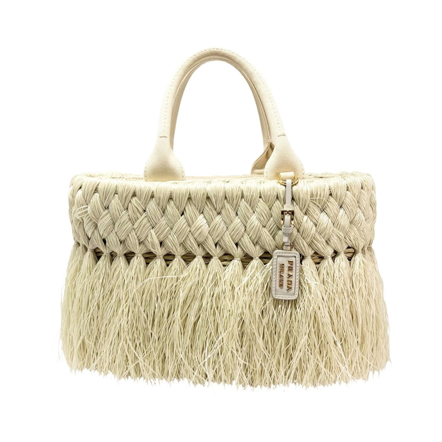 PRADA Vintage Fringe Raffia Straw Tote Crossbody Bag 2way Cream Gold 902091