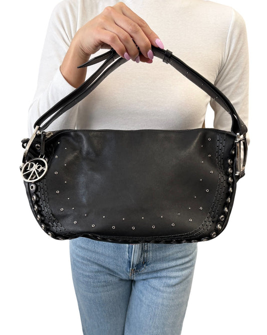 Christian Dior Vintage Peace and Love Leather Hobo Bag Black Silver Studs