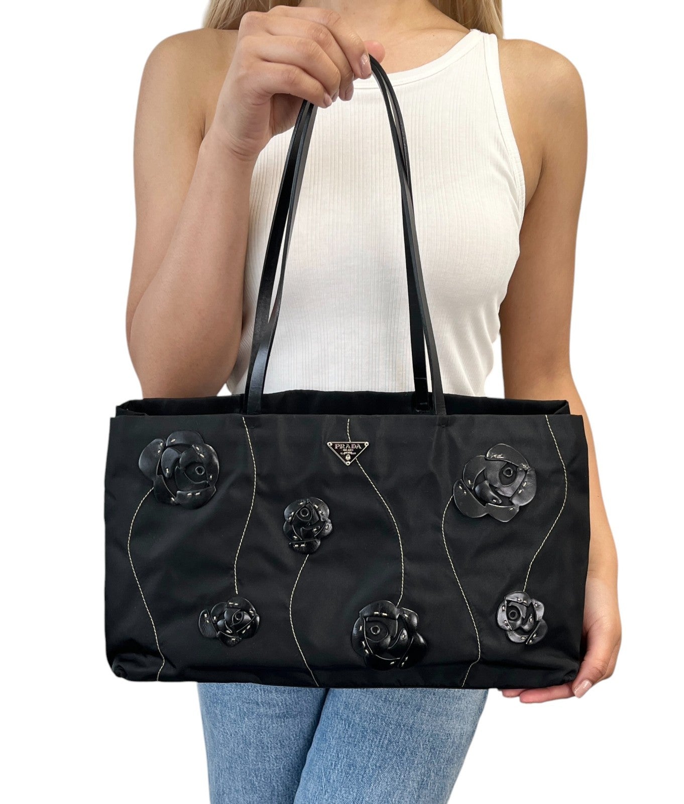 PRADA Vintage Logo Tessuto Nylon Fiori Shoulder Bag Black Gold Rose Leather