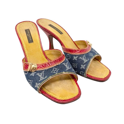 LOUIS VUITTON Vintage Monogram Denim Sandals Heels #36 Blue Red Beige 902029