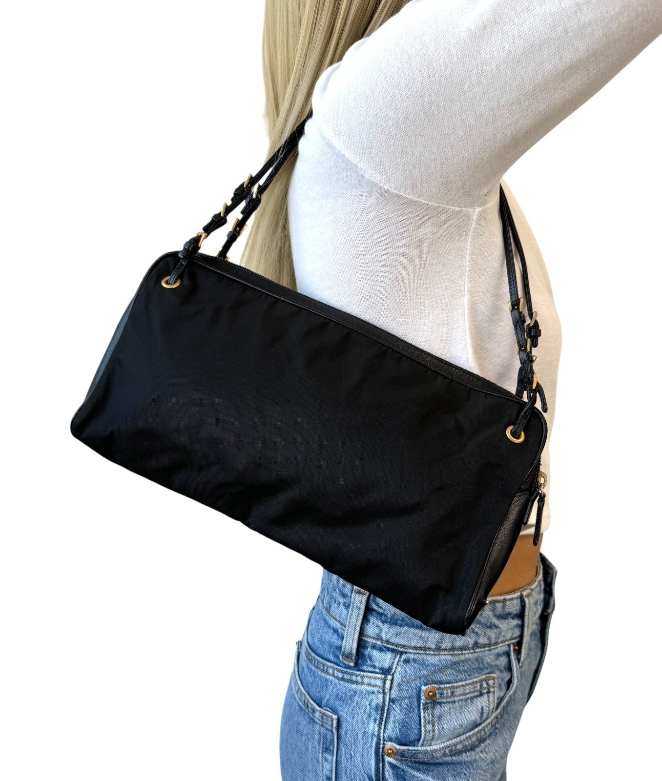 PRADA Vintage Logo Pochette Mini Shoulder Bag Black Gold Nylon Zip Leather