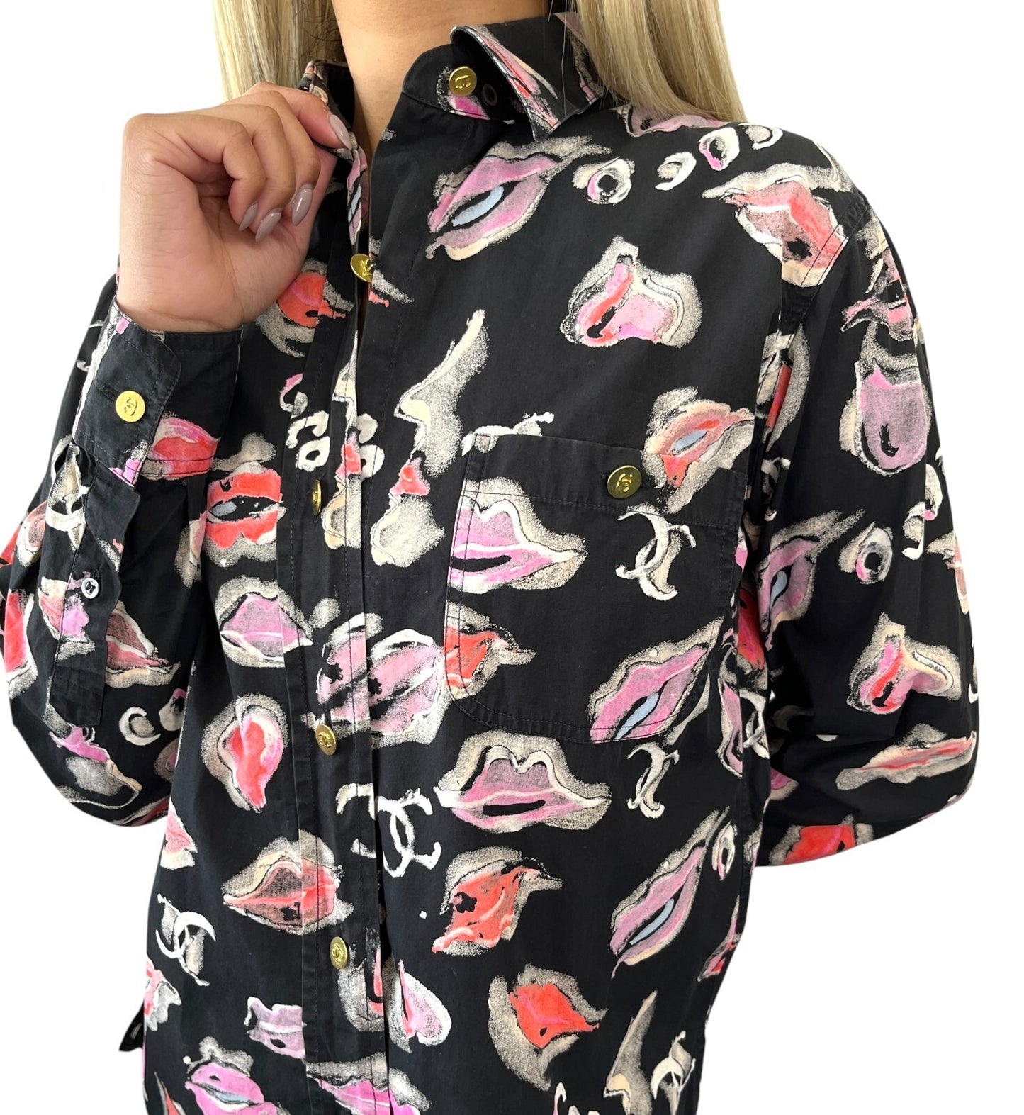 CHANEL Vintage 1995 CC Logo Lip Print Shirt Blouse Top Button Black Pink Cotton
