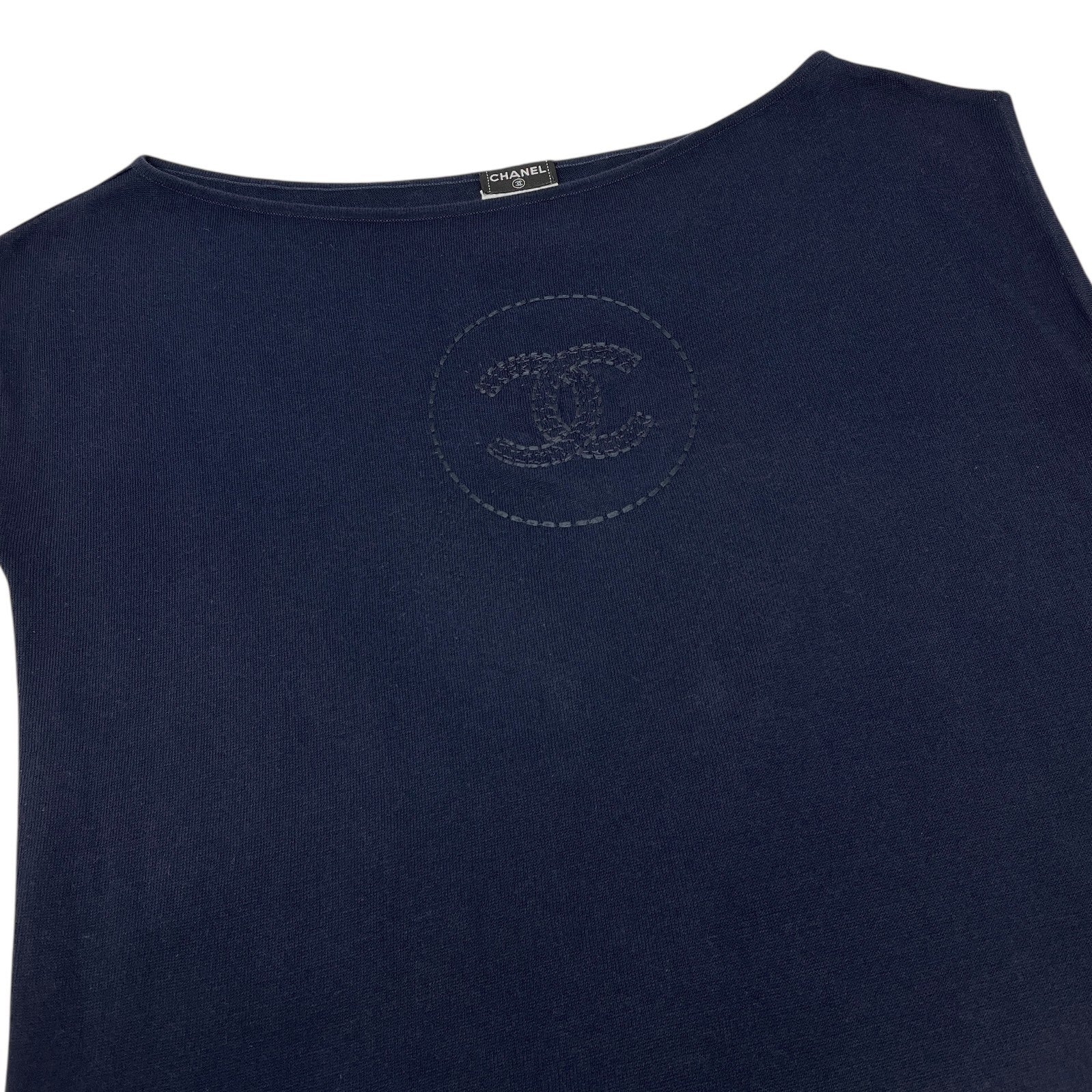 CHANEL Vintage 07P CC Mark Logo Summer Knit Top #36 Sleeveless Stitch Dark Blue
