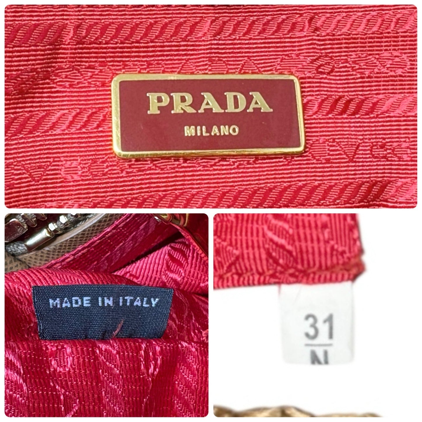 PRADA Vintage Triangle Logo Raffia Canapa Tote Bag Red Beige Gold Crochet