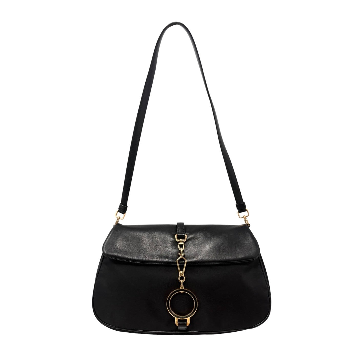 PRADA Vintage Triangle Logo Tessuto Nylon Shoulder Bag Black Leather 901925