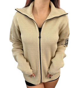 CHANEL Sport Vintage 02A CC Mark Logo Zipped Knit Jacket #46 Beige Wool RankAB+