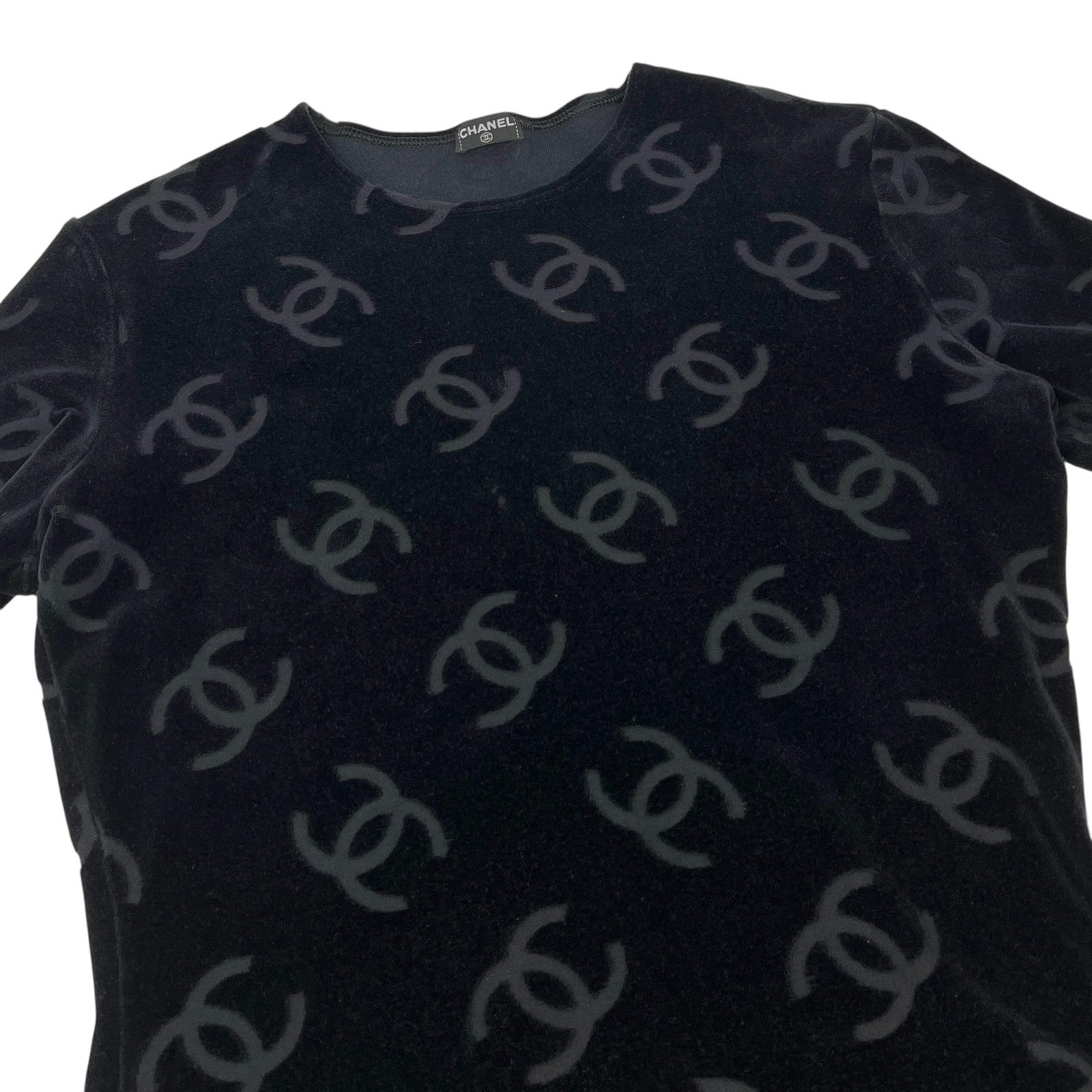 CHANEL Vintage 1996 CC Logo Monogram Velour T-shirt Top #44 Black Cotton