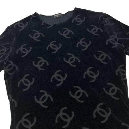 CHANEL Vintage 1996 CC Logo Monogram Velour T-shirt Top #44 Black Cotton