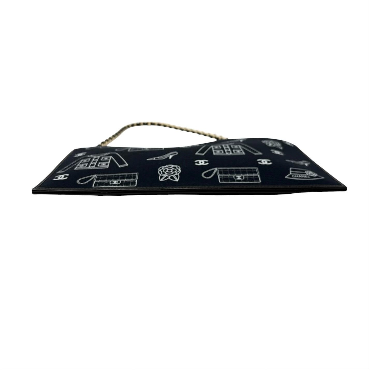 CHANEL Vintage CC Logo Icon Print Canvas Shoulder Bag Pochette Dark Blue Chain